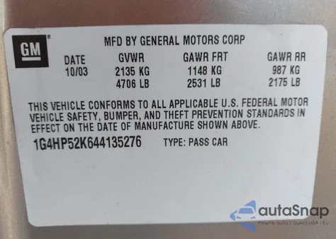 2004 Buick Lesabre Custom from USA, damaged, VIN 1G4HP52K644135276